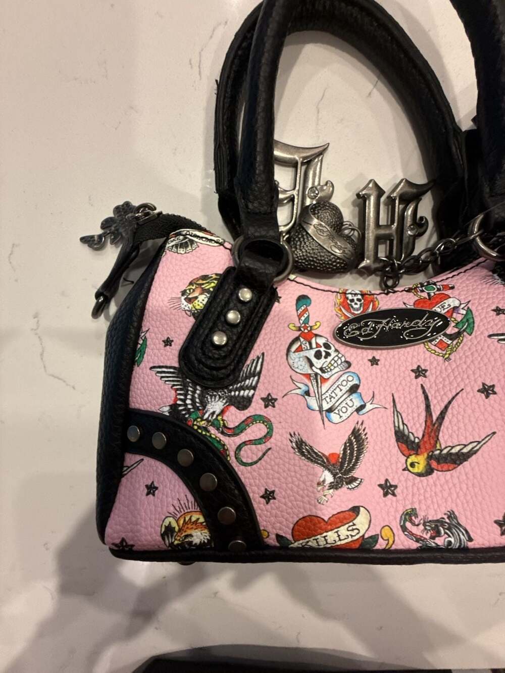 Ed Hardy Pink Tattoo Print Vegan Leather Studded Small Satchel Bag NWT - Picture 3 of 13